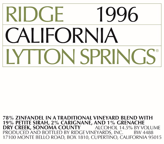 1996 Ridge Vineyards Lytton Springs Dry Creek Valley - click image for full description