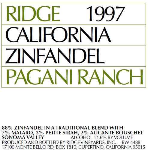 1997 Ridge Zinfandel Pagani Ranch - click image for full description