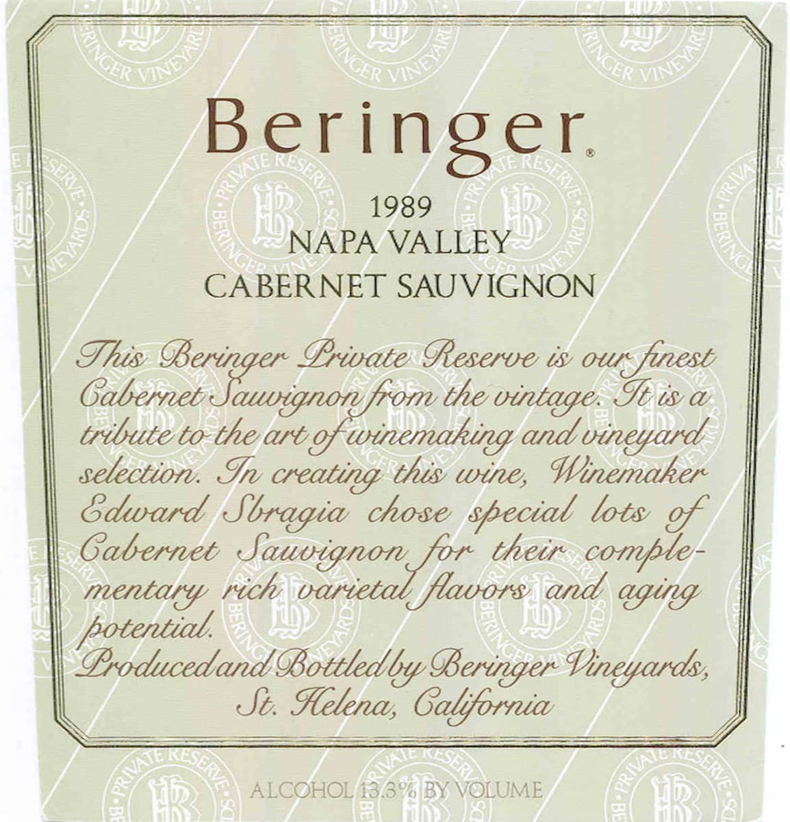 1989 BERINGER VINEYARDS PRIVATE RESERVE CABERNET SAUVIGNON, NAPA VALLEY, USA image