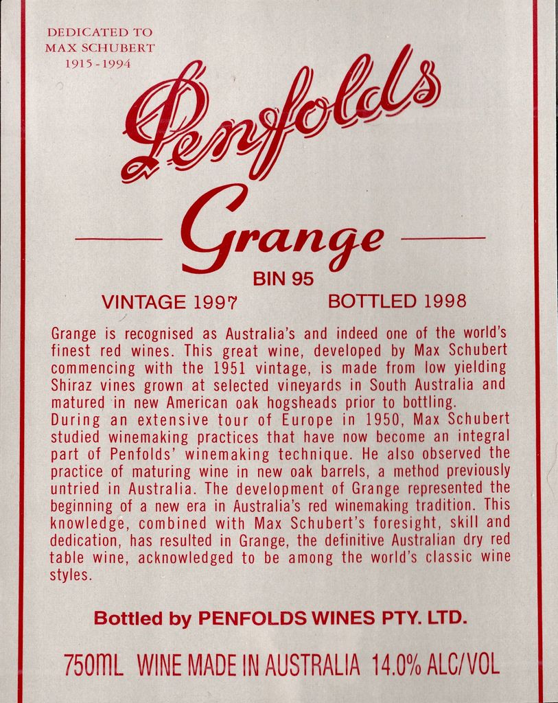 1997 Penfolds Grange Shiraz South Australia - click image for full description