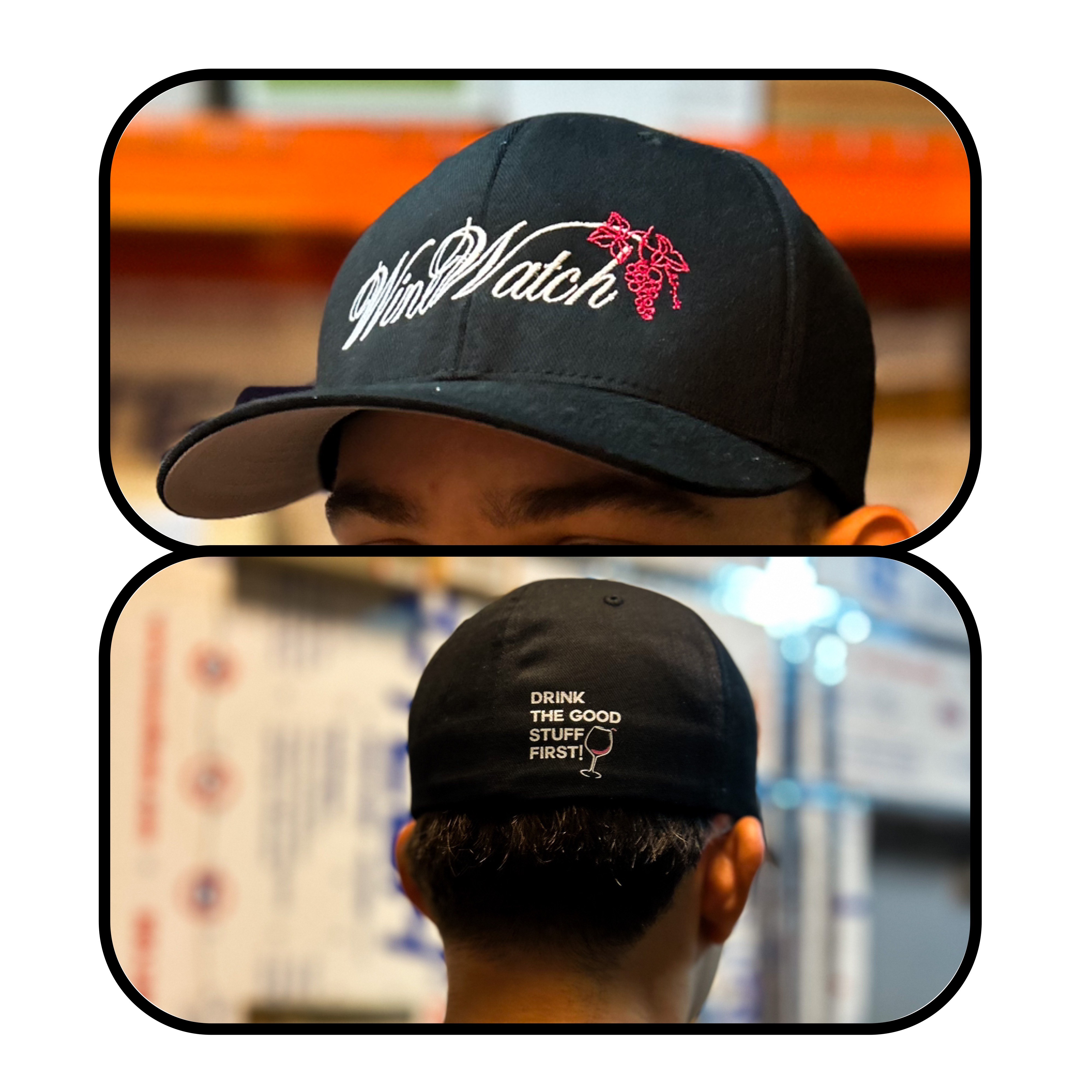 Wine Watch Hats Black Flex Fit with Logo - click image for full description