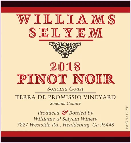 2018 Williams Selyem Terra De Promissio Vineyard Pinot Noir Sonoma Coast - click image for full description