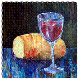 A painting of a glass of wine next to a loaf of bread  Description automatically generated